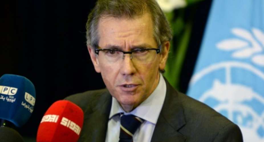 UN special envoy for Libya, Bernardino Leon, speaks at a press conference on September 12, 2015 in the Moroccan city of Skhirat.  By Fadel Senna AFPFile