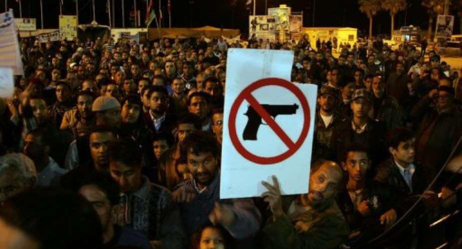 Protestors show opposition to arming militiamen.  By Abdullah Doma AFPFile