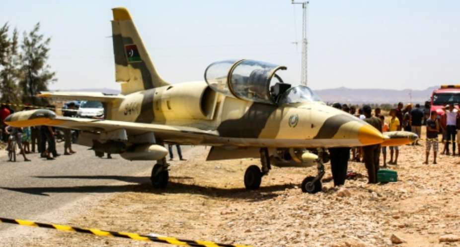 Libyan L-39 Albatros warplane belonging to forces of strongman Khalifa Haftar, after it made an emergency landing last month in southeast Tunisia.  By Fathi NASRI AFP
