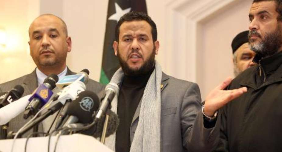 Abdul Hakim Belhaj speaks in his capacity as chairman of the Military Council of Tripoli at a press conference in the capital on January 3, 2012.  By Mahmud Turkia AFP