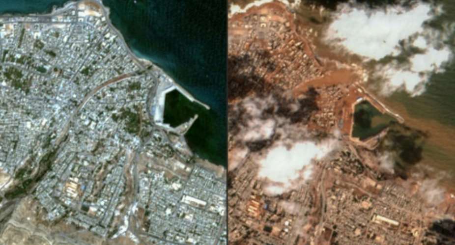 Libyas eastern city of Derna seen, on the left, before the flash flood and, on the right, in the aftermath of the disaster, in satellite images released by Maxar Technology.  By Handout (Satellite image 2023 Maxar Technologies/AFP)
