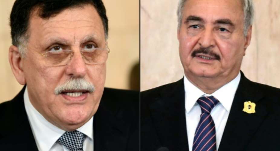 Libya's UN-recognised Prime Minister Fayez al-Sarraj left and his adversary, General Khalifa Haftar.  By FETHI BELAID, HO AFPFile