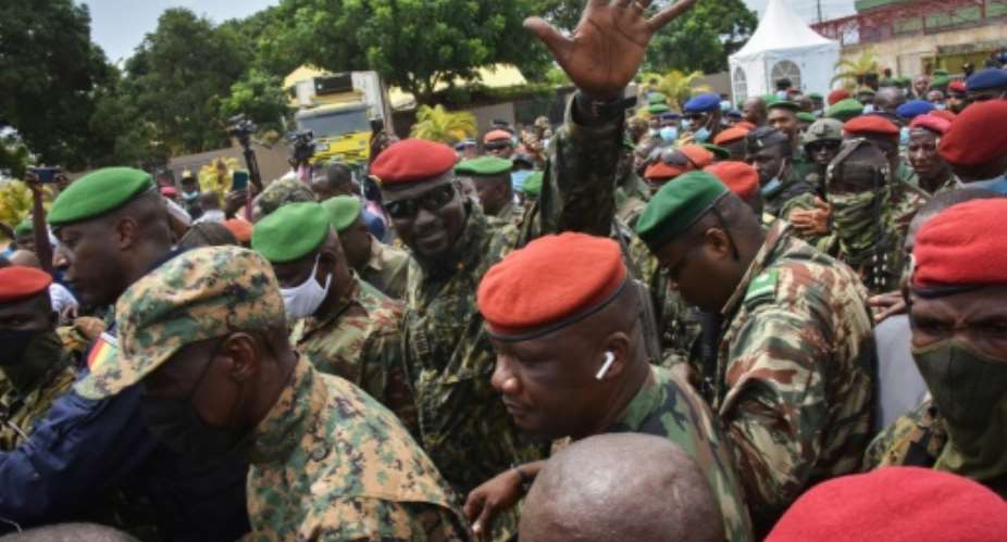 Lieutenant Colonel Mamady Doumbouya, seen here gesturing, led a coup in Guinea on Sunday.  By CELLOU BINANI AFP