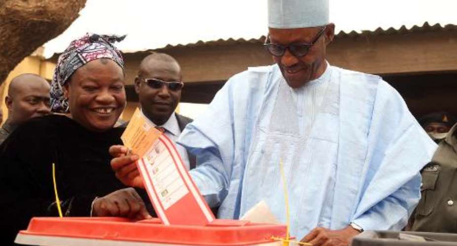 The All Progressive Congress APC shows Nigeria's President-elect Muhammadu Buhari casting his vote for the Governorship and House of Assembly election in Daura, Katsina State, on April 11, 2015.  By Sunday Aghaeze APCAFPFile