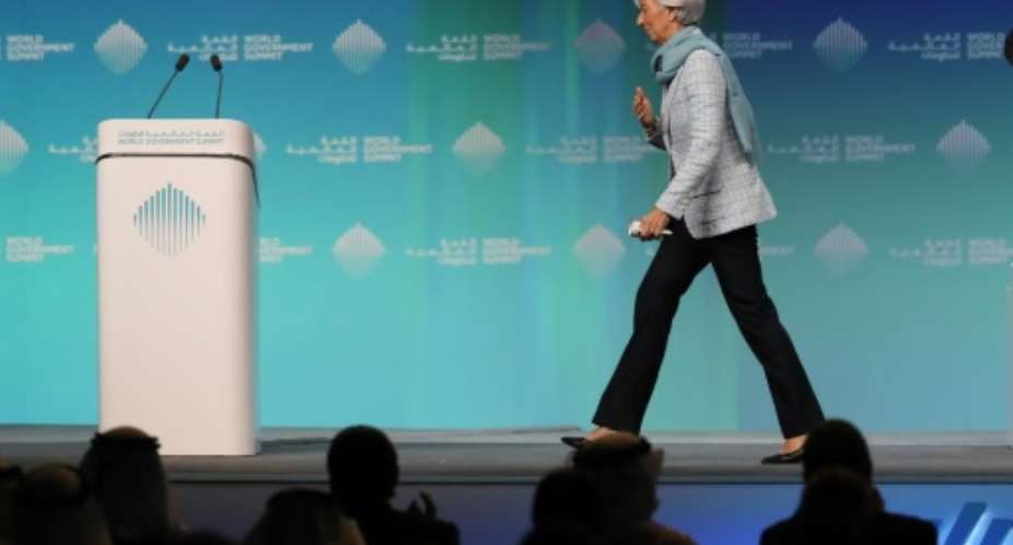 Managing Diretor of the International Monetary Fund Christine Lagarde leaves the stage after speaking during the opening session of the World Government Summit in Dubai, on February 10, 2019.  By KARIM SAHIB (AFP)