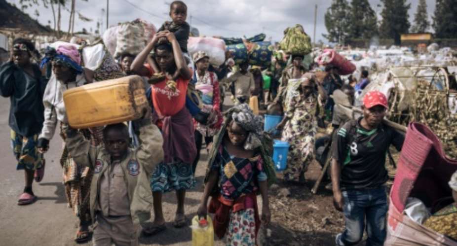 Many families in the strife-torn eastern province of North Kivu have been forced to flee the fighting.  By ALEXIS HUGUET AFP