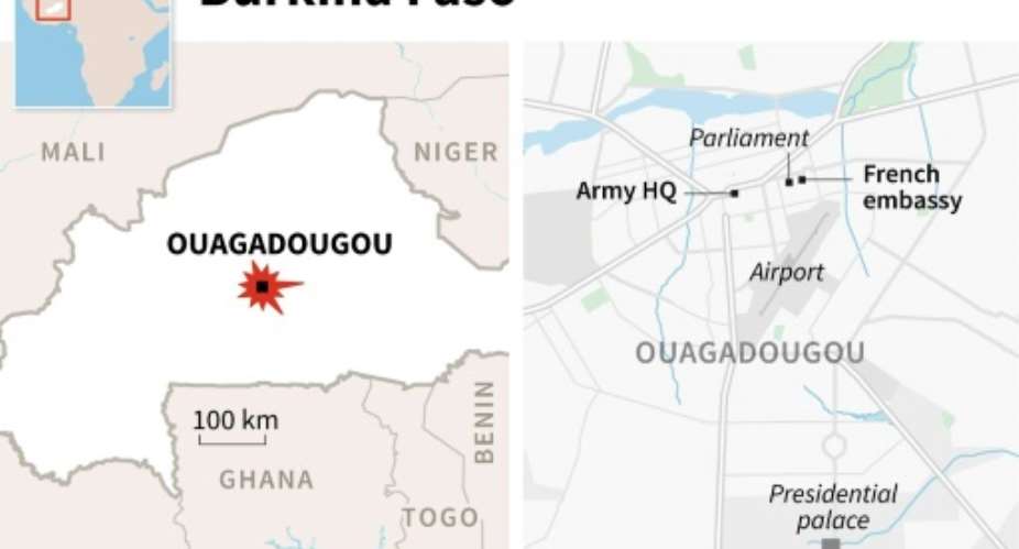 Map of Burkina Faso locating Ouagadougou, and a map of the city centre.  By  AFP