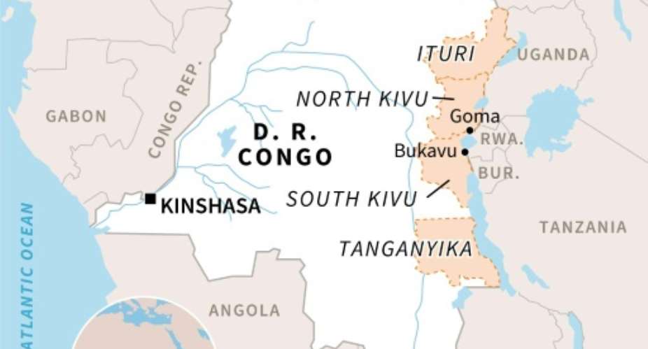 Map of DR Congo, locating the troubled provinces of North and South Kivu, Ituri and Tanganyika.  By Gillian HANDYSIDE AFP