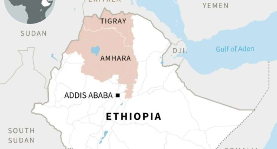 Map of Ethiopia locating the Tigray and Amhara regions.  By Sylvie HUSSON, Jean-Michel CORNU (AFP)