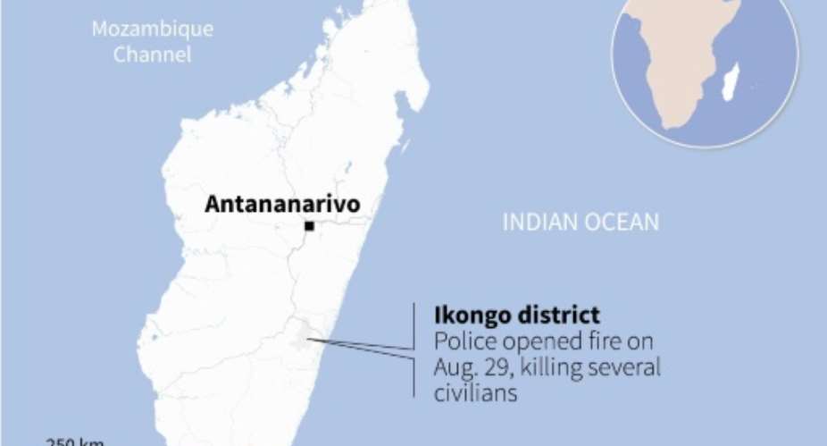 Map of Madagascar locating Ikongo district, where police killed at least 14 people on August 29, 2022 as they opened fire on a crowd of protesters.  By Kenan AUGEARD AFPFile