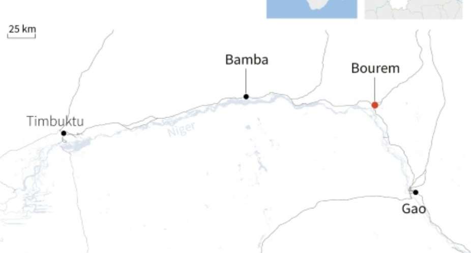 Map of Mali locating the town of Bourem.  By Sylvie HUSSON, Laurence SAUBADU (AFP)