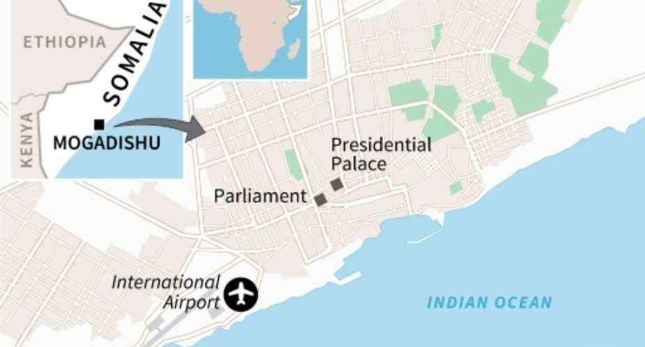 Map of Somalia's capital Mogadishu locating the parliament, near where a large explosion occurred Wednesday..  By  AFP