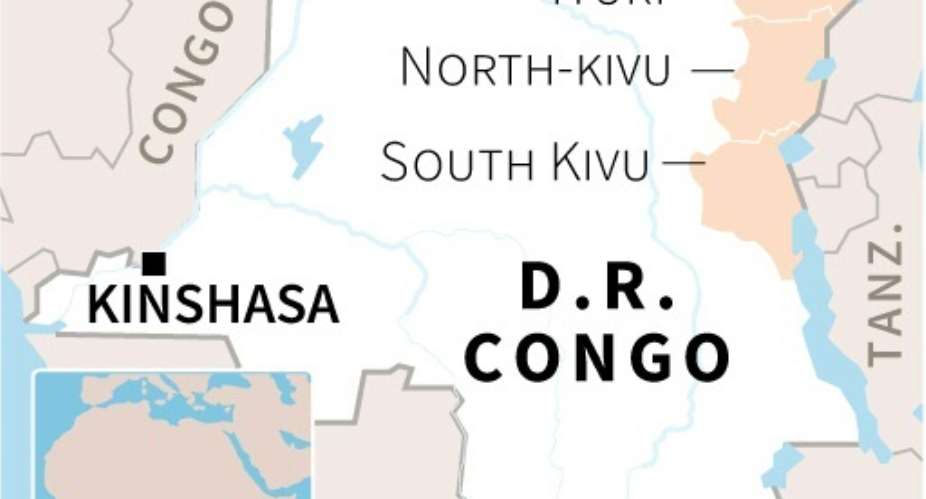 Map of the Democratic Republic of Congo locating the provinces of Ituri, North Kivu and South Kivu.  By Sophie RAMIS, Vincent LEFAI (AFP/File)