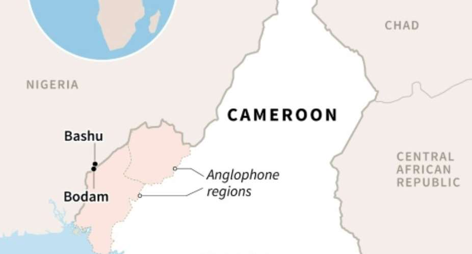 Map showing areas where thousands of Cameroonians have fled from violence in the English-speaking southwest to to the border region..  By Valentina BRESCHI AFP