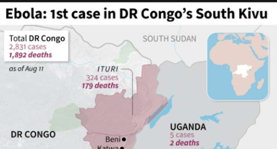 Map showing Ebola epidemic, number of cases and deaths in eastern DR Congo.  By Jean-Michel CORNU AFP