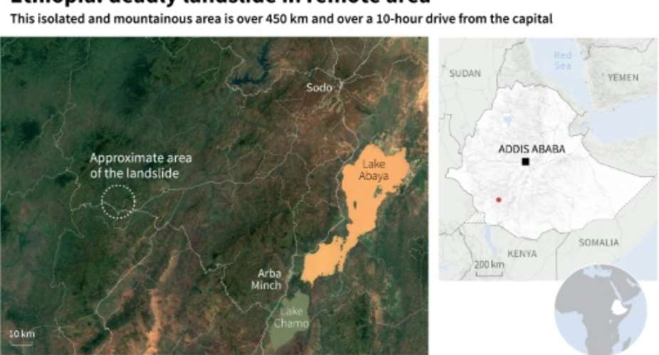 Map showing the approximate area of the deadly landslide in Southern Ethiopia.  By Nalini LEPETIT-CHELLA, Valentina BRESCHI (AFP)