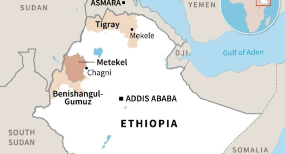 Map showing the Tigray and Benishangul-Gumuz regions of Ethiopia.  By Aude GENET AFP