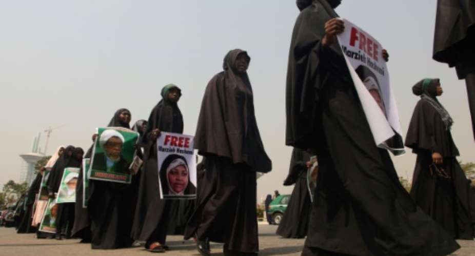 Members of the Islamic Movement in Nigeria demonstrate against the detention of their leader Ibrahim Zakzaky in Abuja on January 22, 2019.  By SODIQ ADELAKUN AFPFile