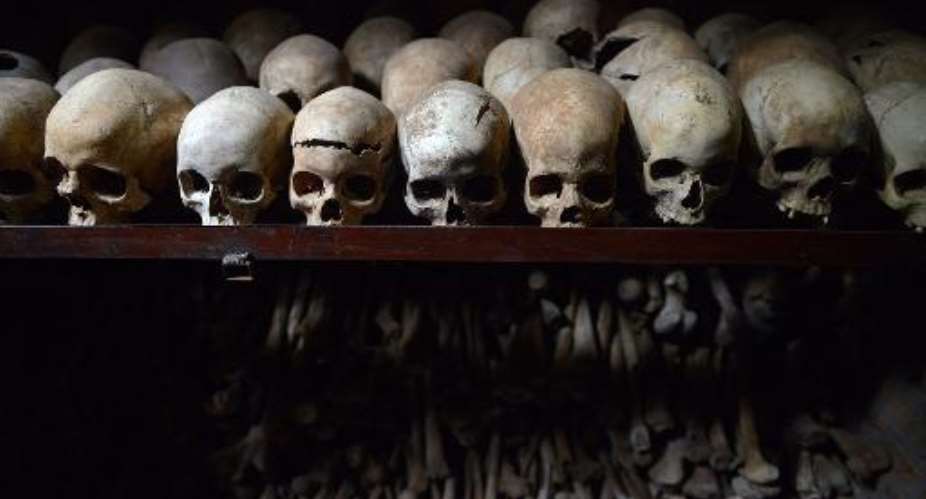 Human skulls are exhibited on April 4 at the Genocide memorial in Nyamata.  By Simon Maina AFPFile