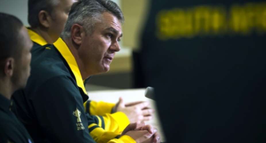 South Africa's head coach Heyneke Meyer gives a press conference on October 5, 2015 at the Lensbury Hotel in Teddington.  By Lionel Bonaventure AFP