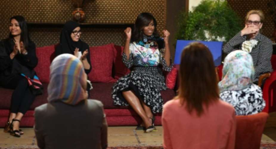 US first lady Michelle Obama C and US actress Meryl Streep R meet with Moroccan young women following the Let Girls Learn Program on June 28, 2016 in Marrakesh.  By Fadel Senna AFP