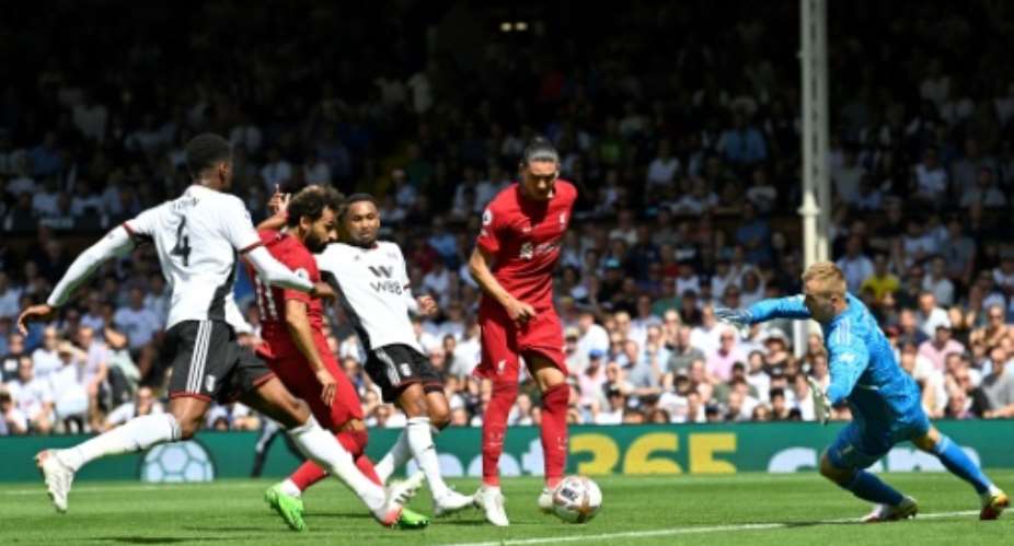 Mohamed Salah 2nd L equalises for Liverpool in a Premier League draw at Fulham on August 6, 2022..  By JUSTIN TALLIS AFP