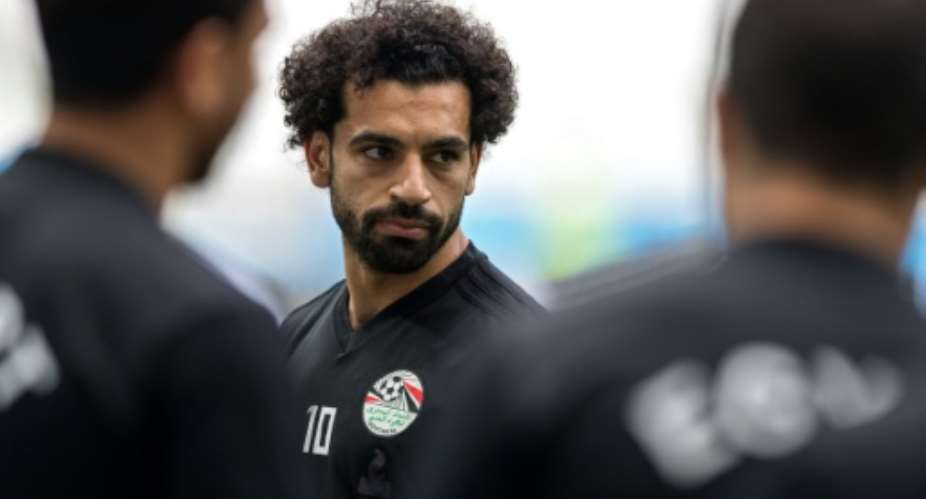 Mohamed Salah trains with the Egypt team in Volgograd.  By NICOLAS ASFOURI AFP