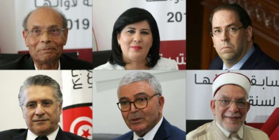 Moncef Marzouki, Abir Moussi, Youssef Chahed, Nabil Karoui, Abdelkrim Zbidi, Abdelfattah Mourou are candidates in the 2019 Tunisian presidential election.  By HASNA, FETHI BELAID AFPFile