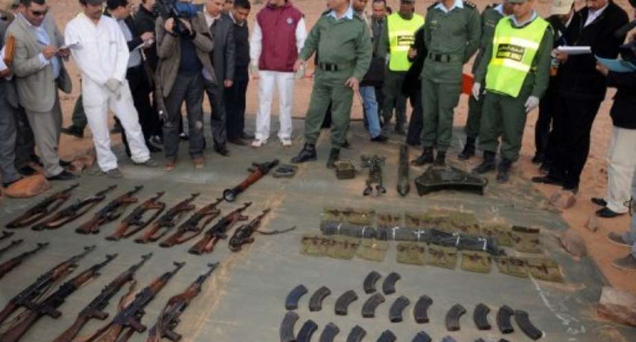 Members of the Moroccan Royal Gendarmerie display to journalists seized weapons in January 2011.  By Abdelhak Senna AFPFile
