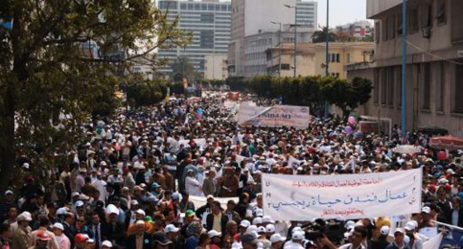 Moroccan protesters take part in a rally marking the International Workers Day on May 1, 2014.  By Fadel Senna (AFP)