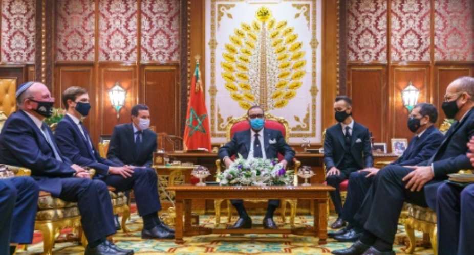 Morocco's King Mohammed VI center  meets in December 2020 with a US delegation led by Jared Kushner, President Donald Trump's son-in-law and advisor who had encouraged Morocco to normalize relations with Israel.  By - Moroccan Royal PalaceAFPFile