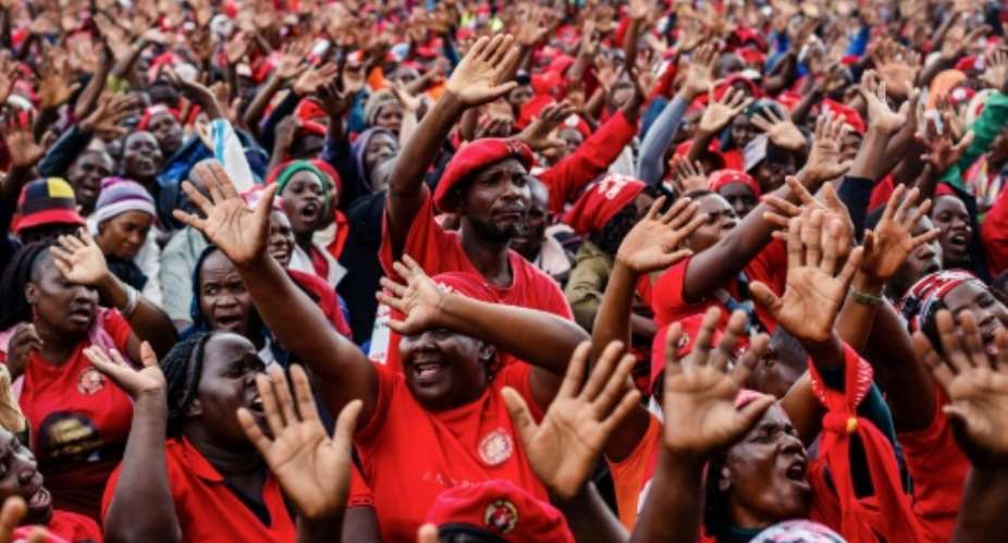 Mourners wave goodbye to Zimbabwe's iconic opposition leader Morgan Tsvangirai.  By Jekesai NJIKIZANA AFP