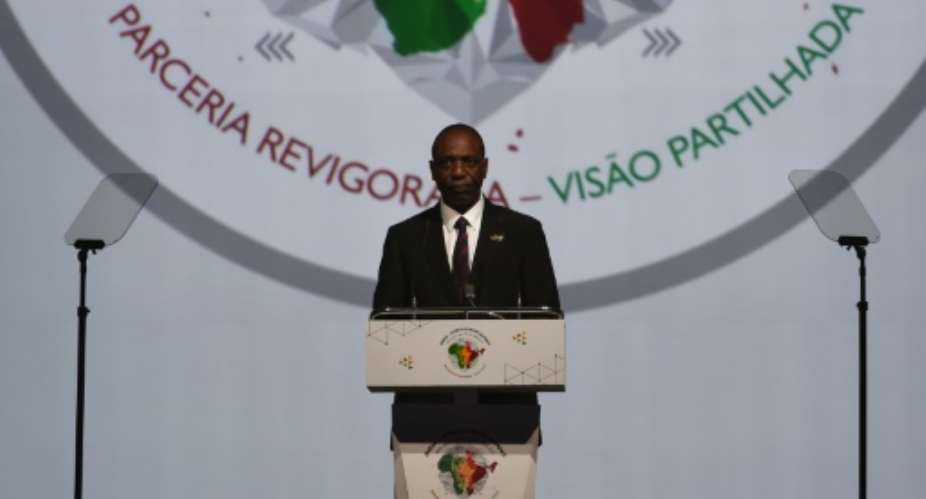 Mozambique's Prime Minister Carlos Agostinho Do Rosario addresses delegates during The India-Africa Summit in New Delhi on October 29, 2015.  By Money Sharma AFPFile