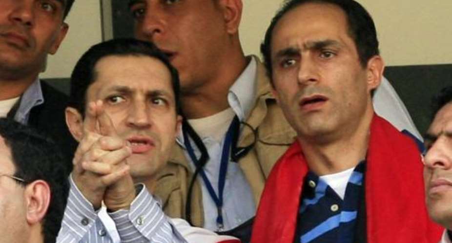 Alaa L and Gamal Mubarak, sons of Egyptian president Hosni Mubarak, pictured in January 2010.  By Khaled Desouki AFPFile