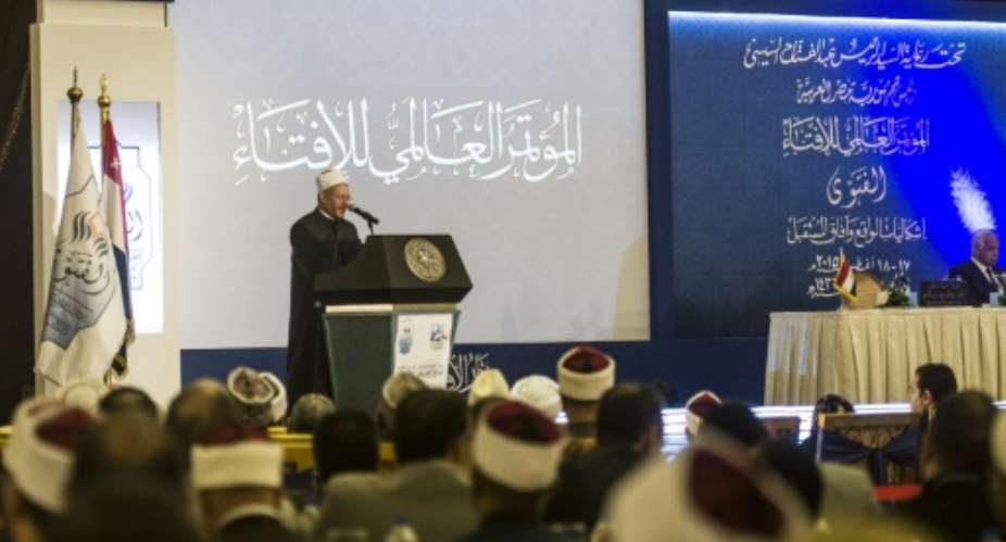 Shawki Ibrahim Abdel-Karim Allam, the Grand Mufti of Egypt, speaks during the opening session of the Fatwa international conference, attended by Arab Islamic clerics, in Cairo on August 17, 2015.  By Khaled Desouki AFPFile