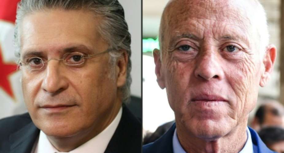 Nabil Karoui, Tunisian media magnate and presidential candidate for Qalb Tounes Heart of Tunisia party, currently jailed on corruption charges, and his rival, independent law profesor Kais Saied.  By Hasna, FETHI BELAID AFP