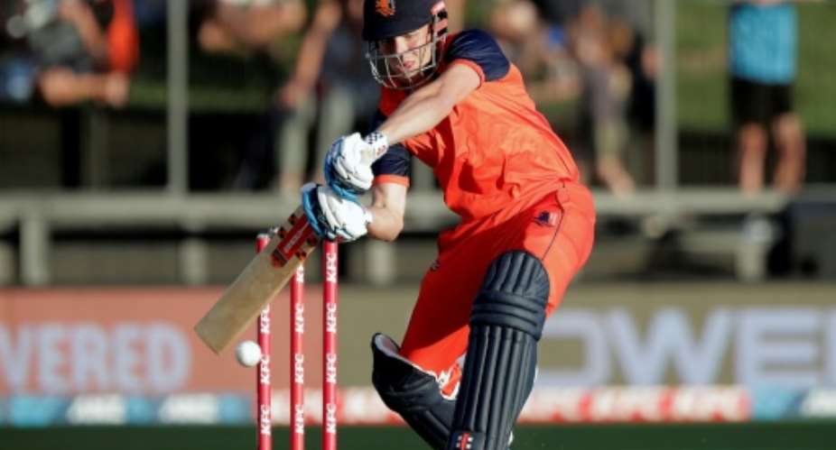 Netherlands' Bas de Leede plays a shot during a one-day international against New Zealand in Hamilton on April 2, 2022..  By DAVID ROWLAND AFP