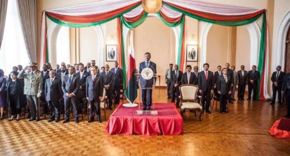 Ceremony of appointment of the 31 Secretaries of State of Kolo Roger's government takes place  at Iavoloha Presidential Palace in Antananarivo on April 18, 2014.  By Rijasolo AFP