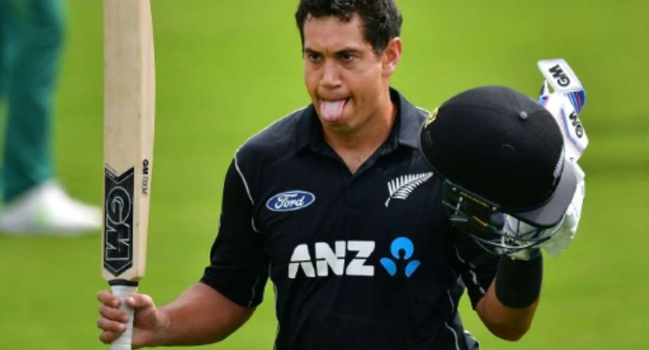 New Zealand's Ross Taylor celebrates 100 runs during their second ODI match against South Africa, at the Hagley Park Oval in Christchurch, on February 22, 2017.  By Marty Melville AFPFile