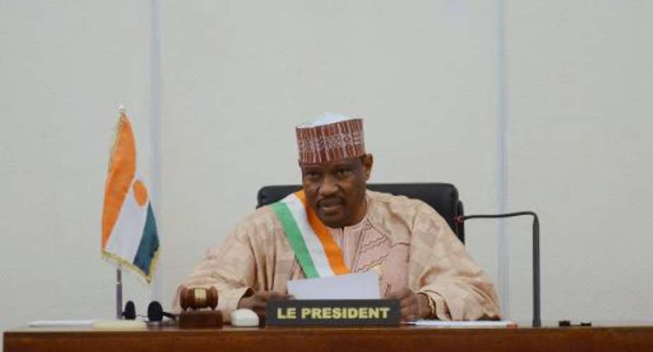 File photo taken on November 6, 2013 shows Hama Amadou C, then speaker of Niger's parliament, delivering a speech at the Parliament House in Niamey.  By Issouf Sanogo AFPFile