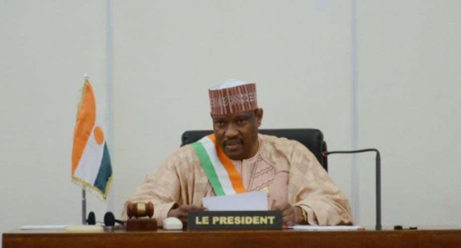 Hama Amadou centre, then head of Nigers' parliament, delivering a speech at the Parliament House in Niamey, Niger on November 6, 2013.  By Issouf Sanogo AFPFile