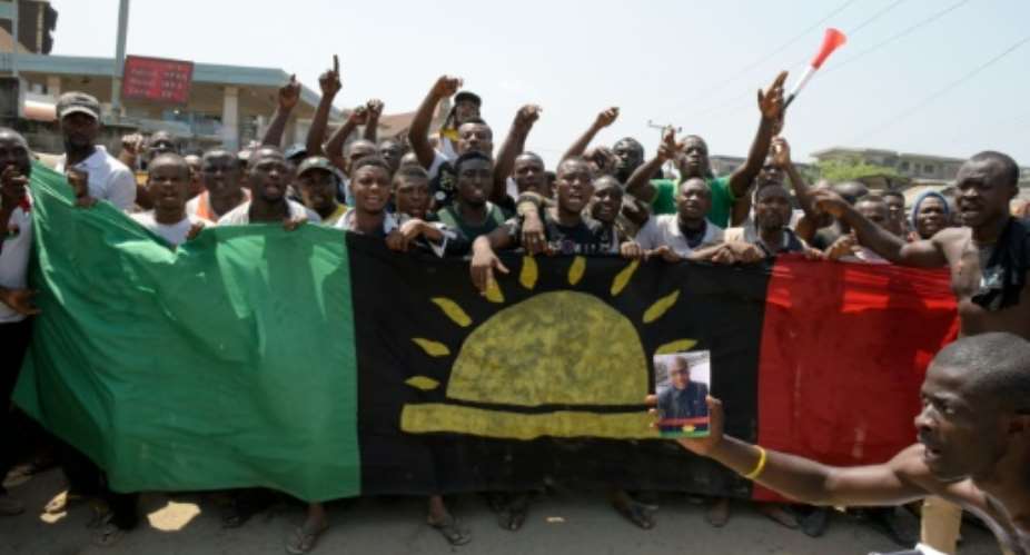 pro-Biafra supporters shouting slogans in Aba, southeastern Nigeria, during a protest calling for the release of a key activist in November 18, 2015.  By Pius Utomi Ekpei AFPFile