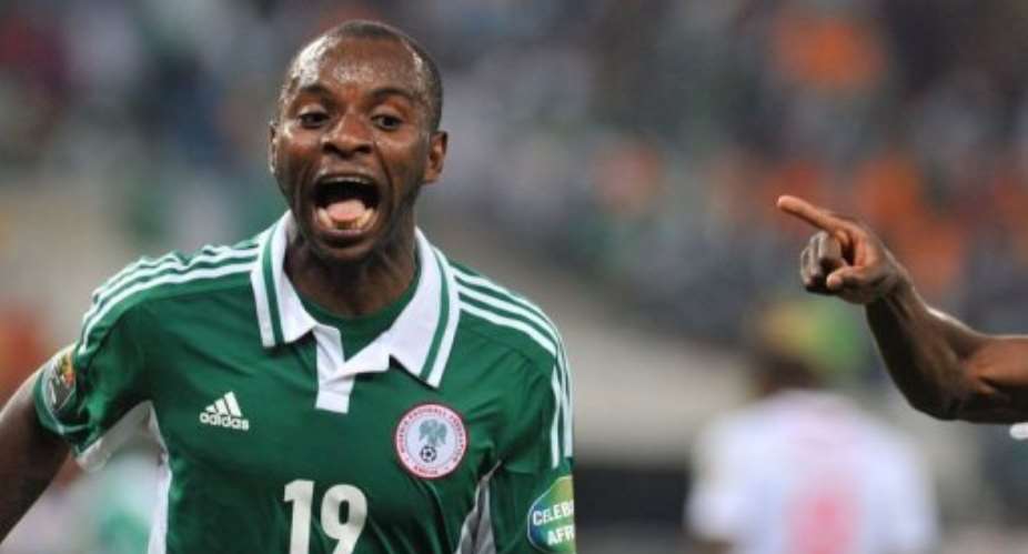 Nigeria's Sunday Mba celebrates after scoring on February 10, 2013 at Soccer City stadium.  By Issouf Sanogo AFP