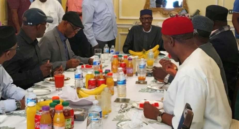 Nigerian President Muhammadu Buhari C receives in audience the All Progressives Congress delegation in the Abuja House in London.  By  Office of the Nigerian PresidencyAFP