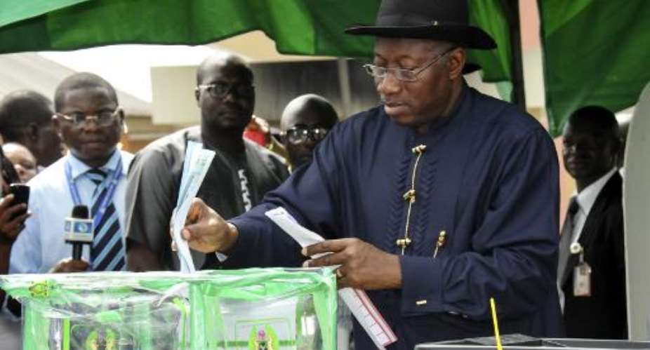 Nigerian President Goodluck Jonathan casts his ballot in Otuoke on March 28, 2015.  By  AFPFile