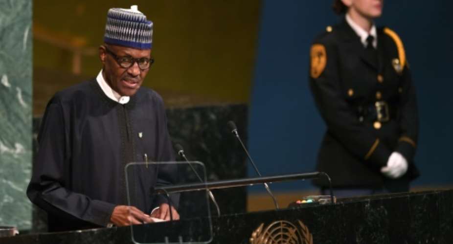 Nigeria's President Muhammadu Buhari, in a speech at the UN General Assembly, demands Myanmar halt the ethnic cleansing of the Rohinya people.  By DON EMMERT AFP