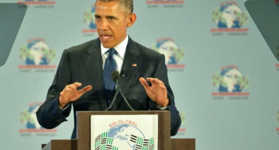 US President Barack Obama gives a speech at the opening of the Global Enterpreneurship Summit on July 25, 2015 on the first day of his two-day state visit to Kenya.  By Tony Karumba AFP