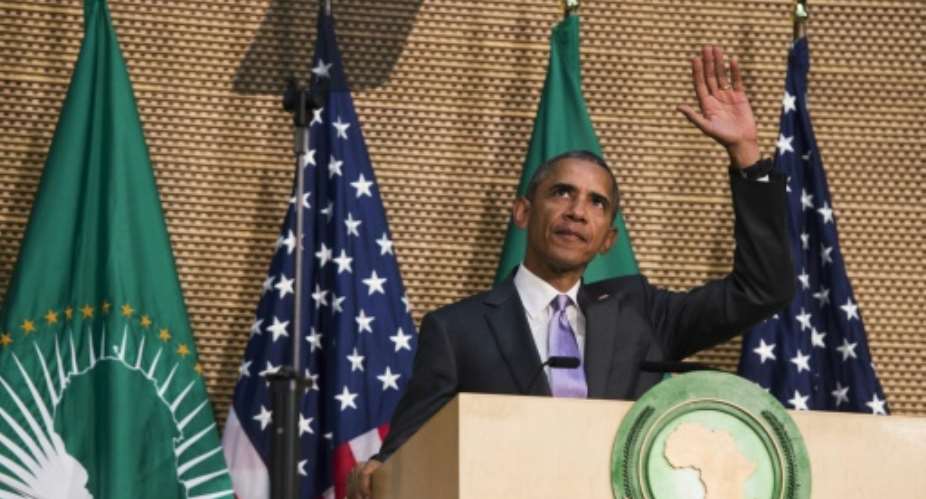 Barack Obama delivers a speech at the African Union Headquarters in Addis Ababa on July 28, 2015.  By Saul Loeb AFP
