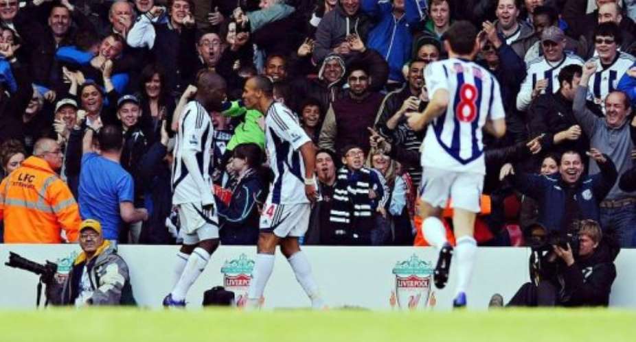 West Bromwich Albion's Nigerian forward Peter Odemwingie C celebrates scoring.  By Paul Ellis AFPFile