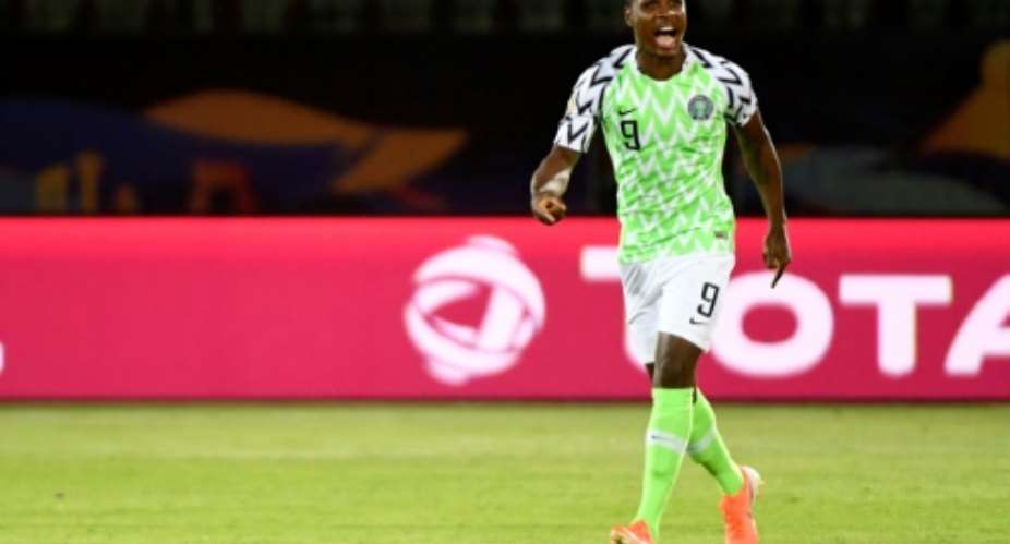 Odion Ighalo celebrates his goal for Nigeria against Tunisia in the Africa Cup of Nations third place play-off in Cairo Wednesday.  By Khaled DESOUKI AFP